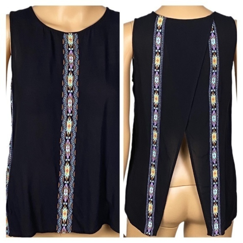THML/ANTHROPOLOGIE black tank top with open back & southwestern stripes. XS. EUC